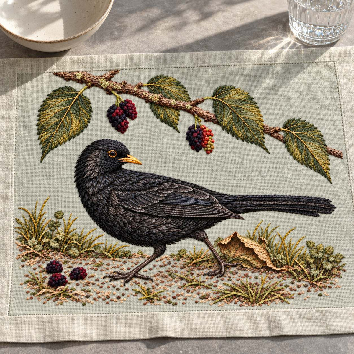 Blackbird at the Mulberry Fall visual mockup shown on a textile runner over a console, with the design on pale muted sage-grey linen.