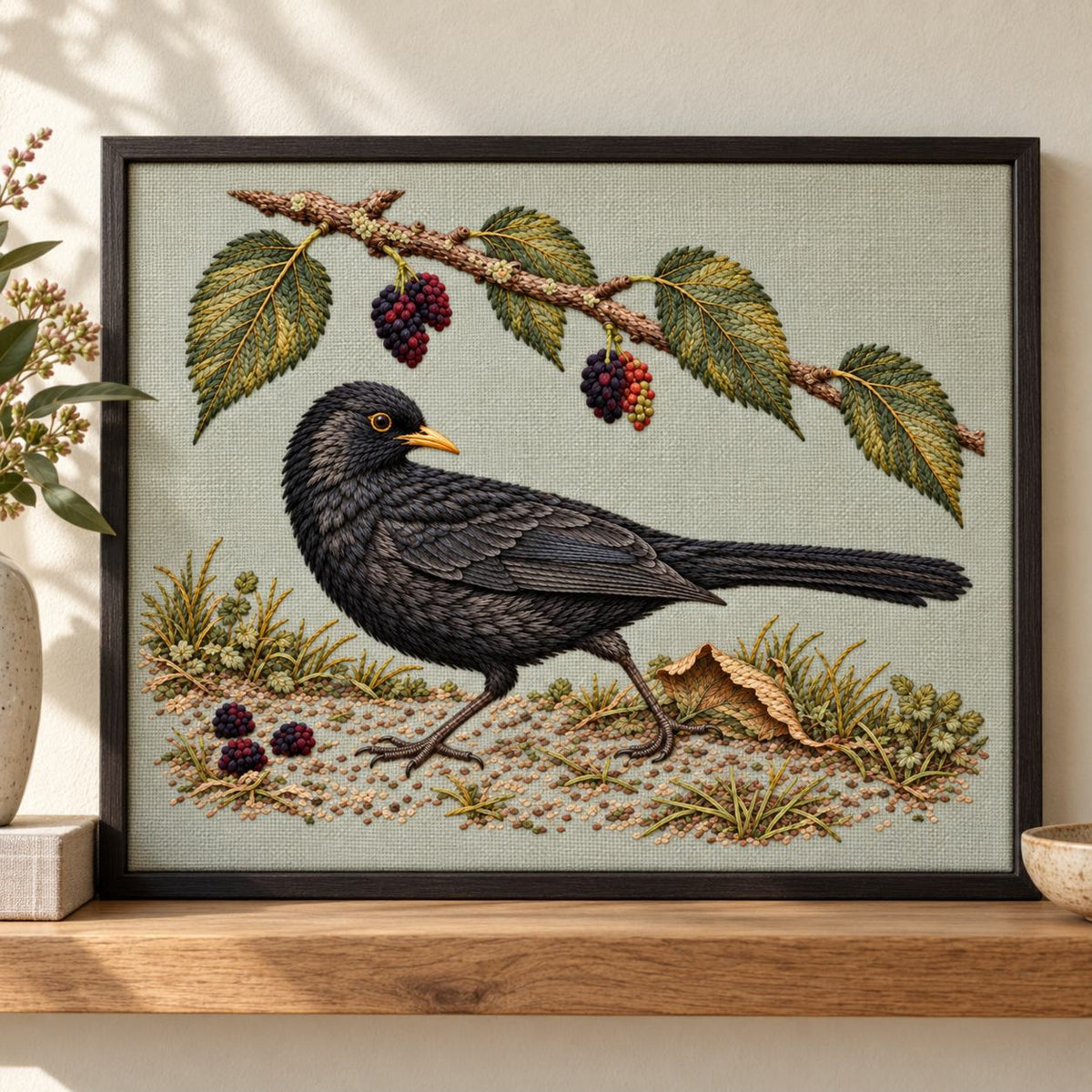 Blackbird at the Mulberry Fall visual mockup shown as a framed textile in a gallery niche, with the design on pale muted sage-grey linen.