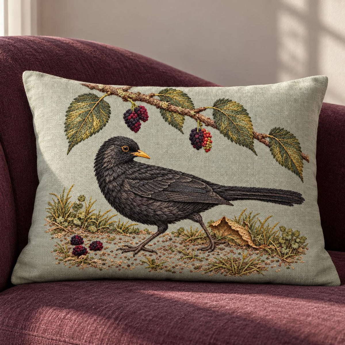 Blackbird at the Mulberry Fall visual mockup shown on a cushion in a lounge chair, with the design on pale muted sage-grey linen.