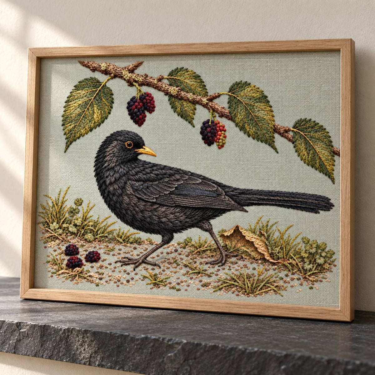 Blackbird at the Mulberry Fall visual mockup shown in a frame leaning on a mantel, with the design on pale muted sage-grey linen.