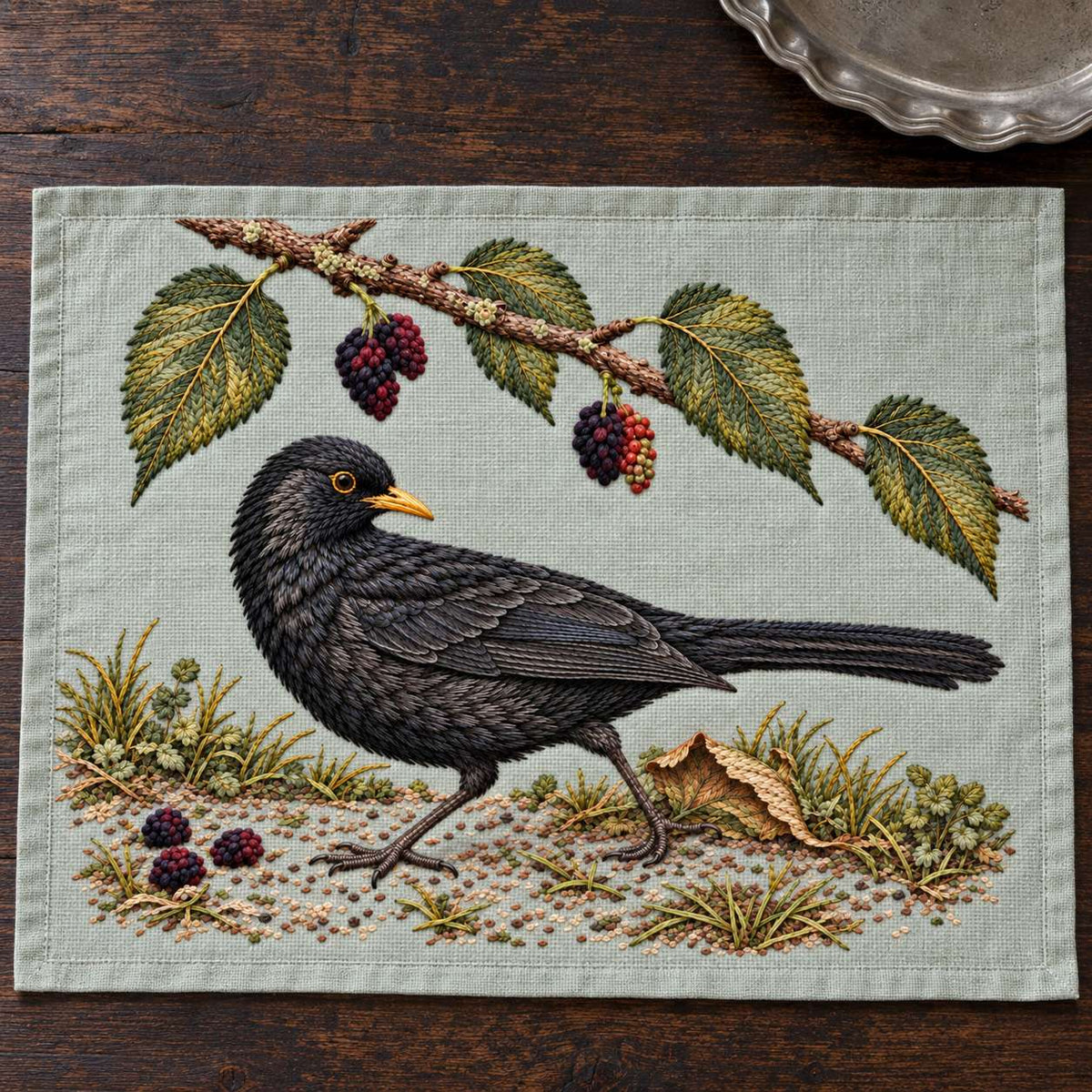 Blackbird at the Mulberry Fall visual mockup shown as a textile panel on a stone platform, with the design on pale muted sage-grey linen.