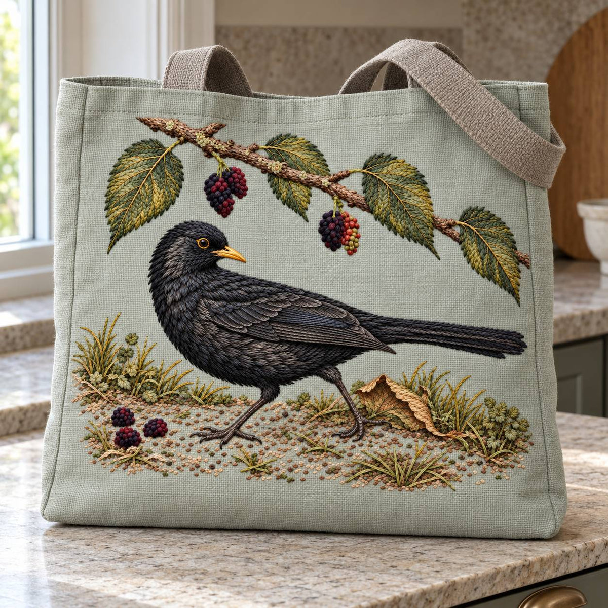 Blackbird at the Mulberry Fall visual mockup shown on the front of a structured linen tote, with the design on pale muted sage-grey linen.