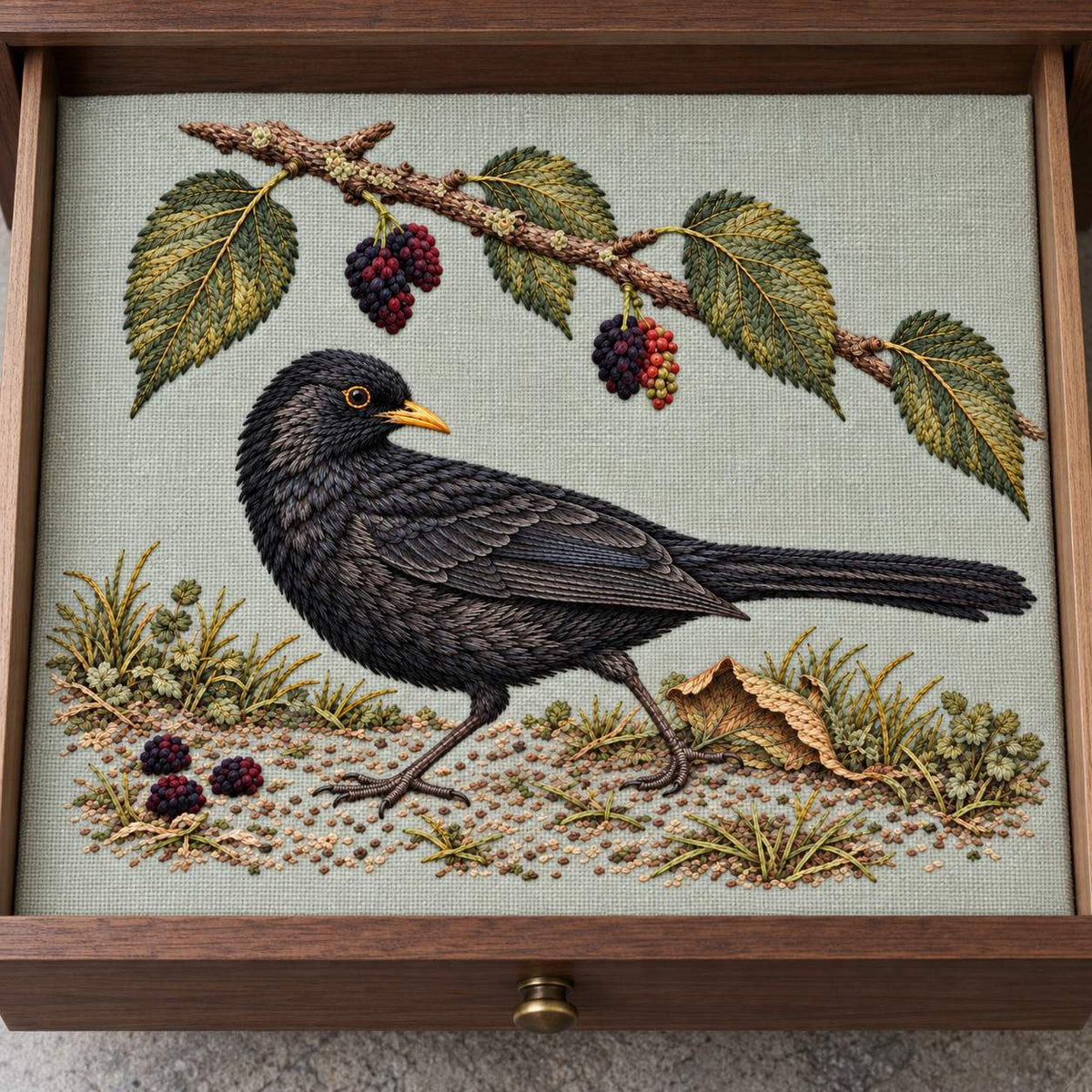 Blackbird at the Mulberry Fall visual mockup shown as a textile panel in a collection tray, with the design on pale muted sage-grey linen.