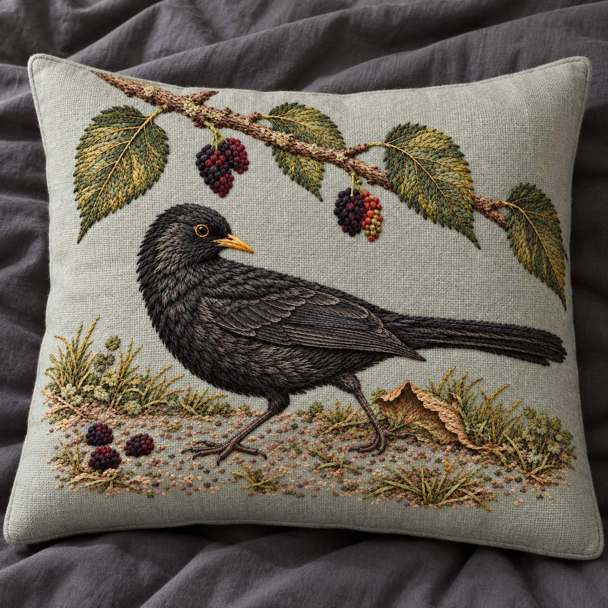 Blackbird at the Mulberry Fall visual mockup shown on a cushion beside a window, with the design on pale muted sage-grey linen.