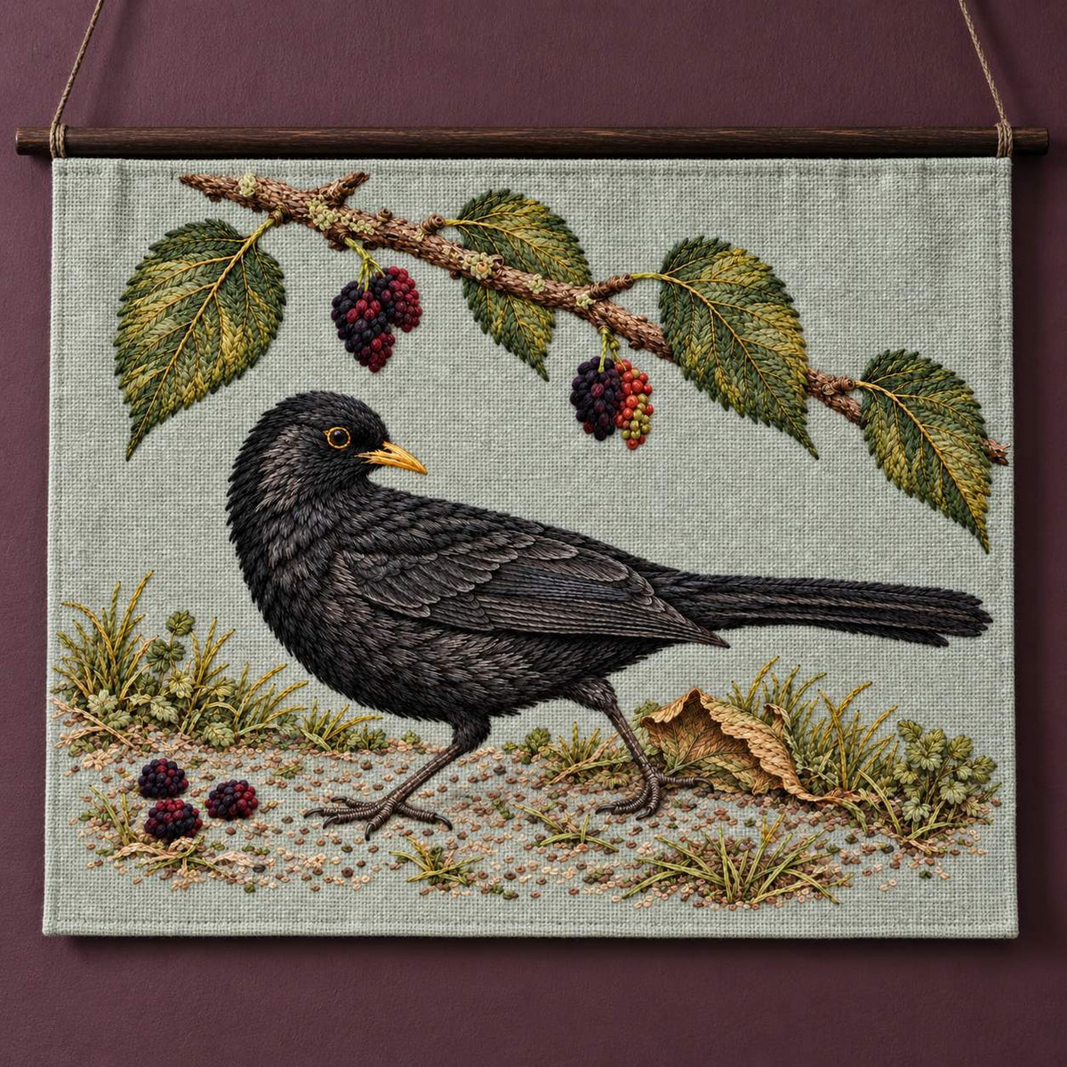 Blackbird at the Mulberry Fall visual mockup shown as a hanging textile held by wooden rails, with the design on pale muted sage-grey linen.