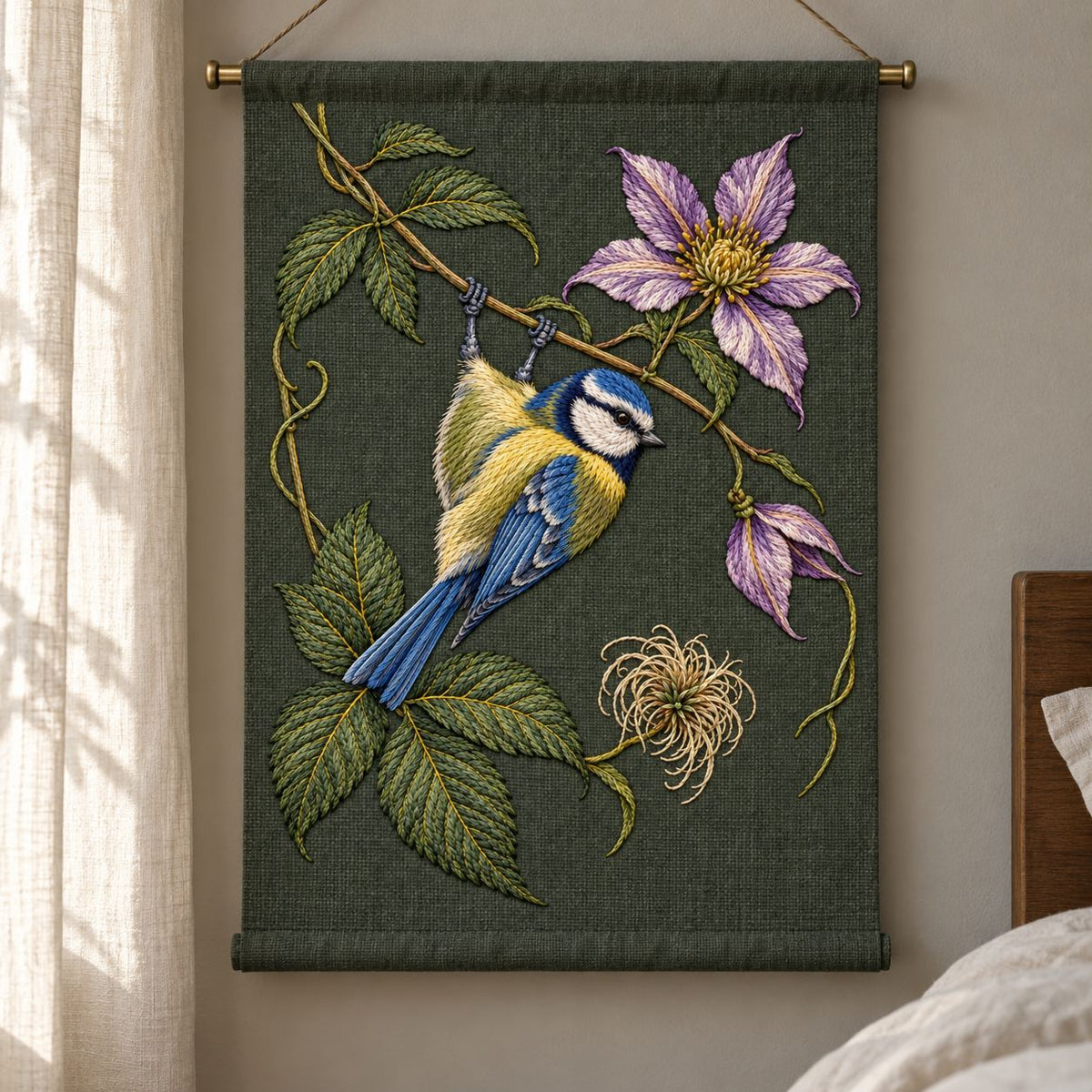 Blue Tit Beneath the Turning Clematis visual mockup shown on a cloth portfolio cover, with the design on deep muted forest-green linen.