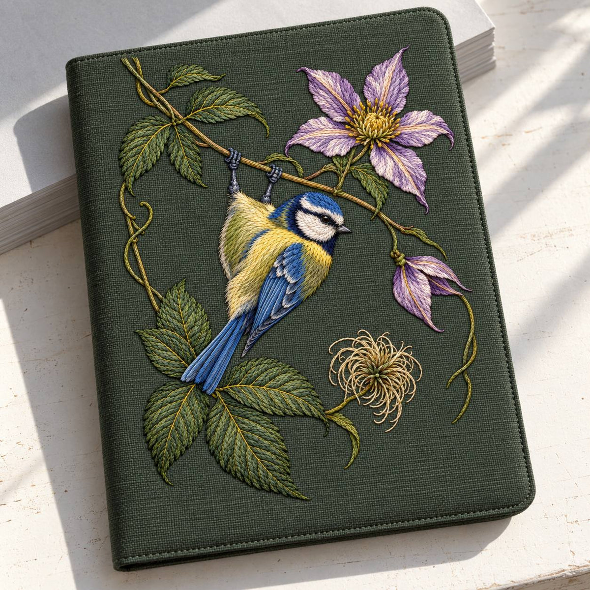 Blue Tit Beneath the Turning Clematis visual mockup shown on a textile runner over a console, with the design on deep muted forest-green linen.