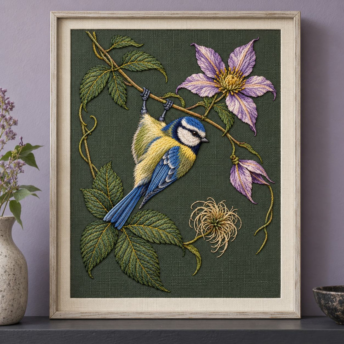 Blue Tit Beneath the Turning Clematis visual mockup shown as a framed textile in a gallery niche, with the design on deep muted forest-green linen.