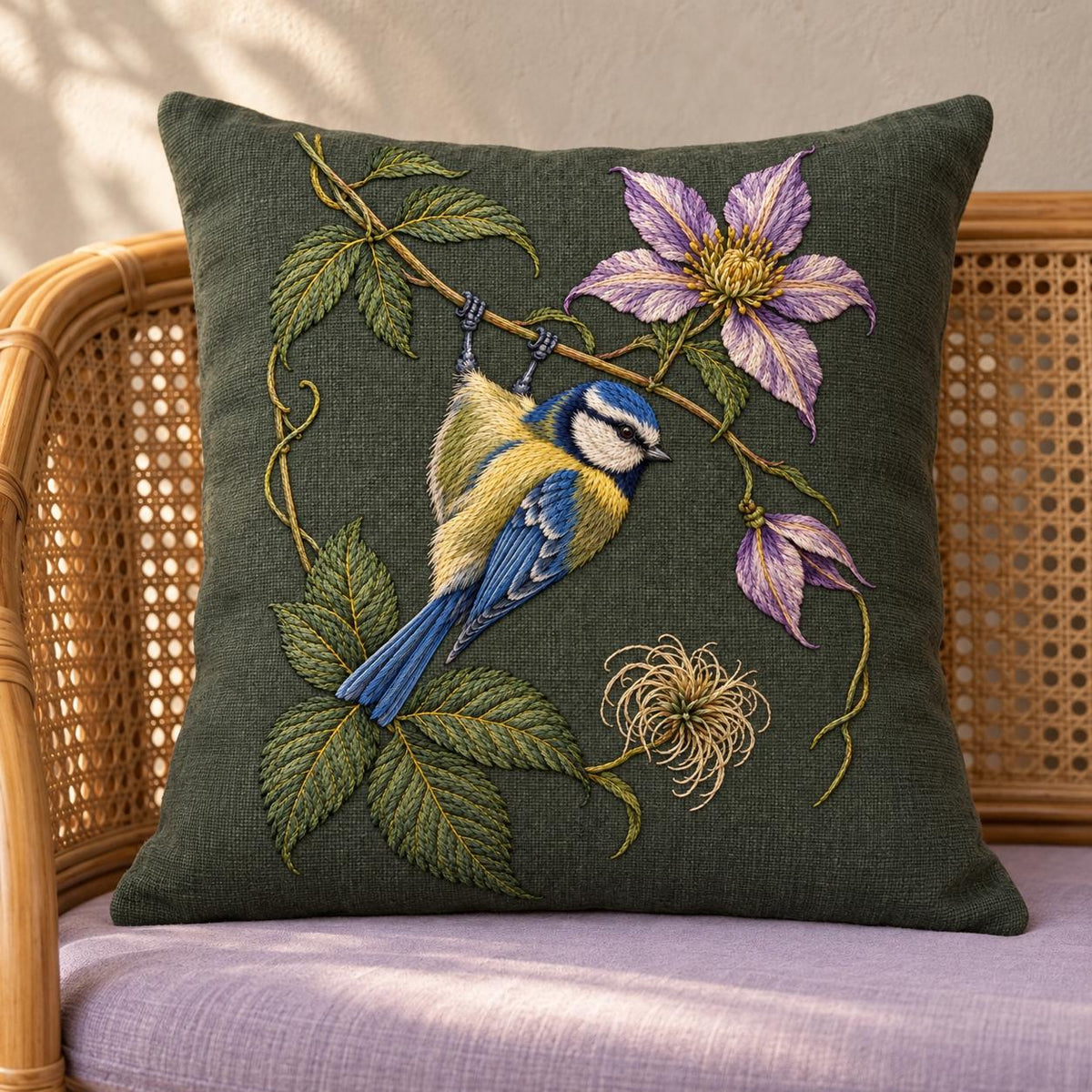 Blue Tit Beneath the Turning Clematis visual mockup shown on a cushion in a lounge chair, with the design on deep muted forest-green linen.