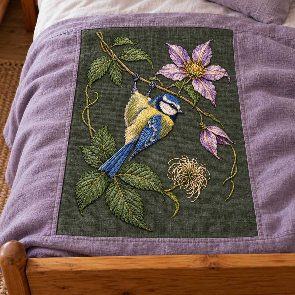 Blue Tit Beneath the Turning Clematis visual mockup shown in a frame leaning on a mantel, with the design on deep muted forest-green linen.