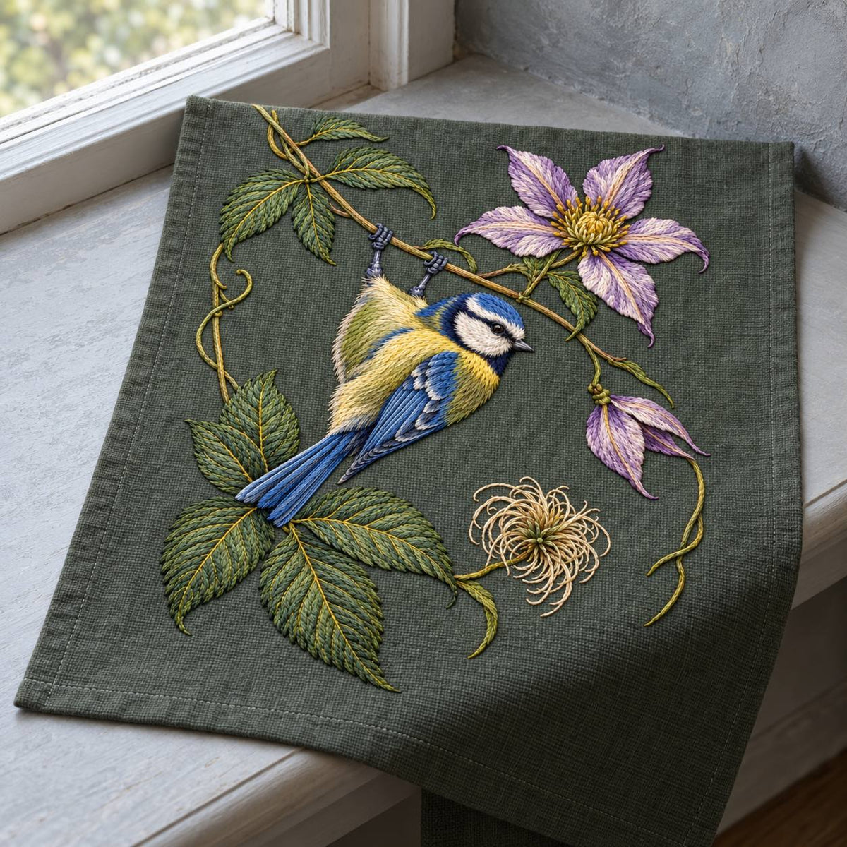 Blue Tit Beneath the Turning Clematis visual mockup shown as a textile panel on a stone platform, with the design on deep muted forest-green linen.