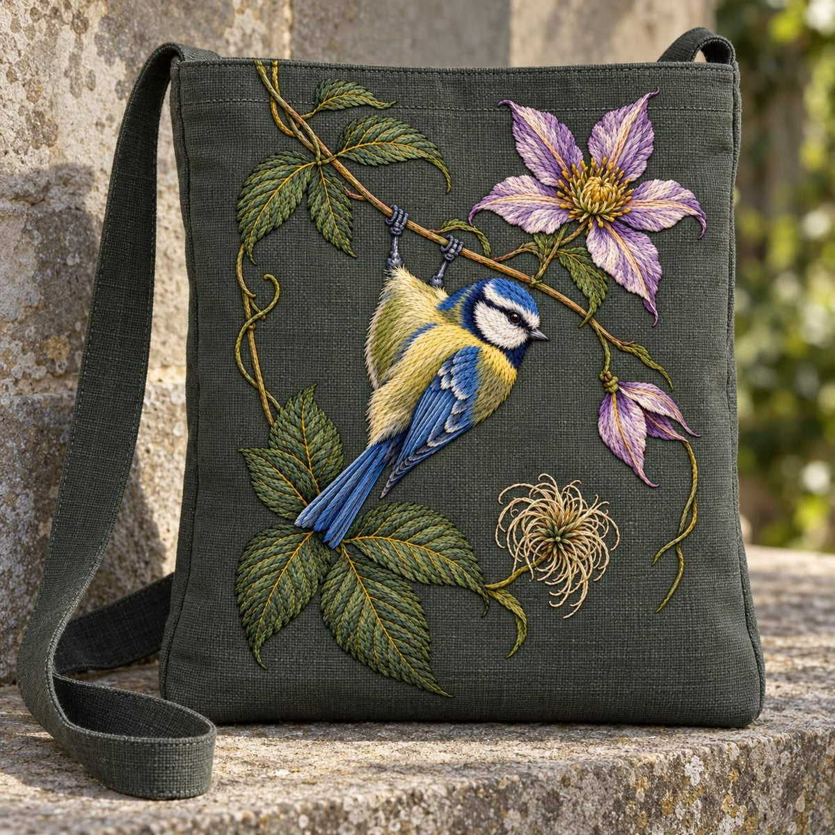 Blue Tit Beneath the Turning Clematis visual mockup shown on the front of a structured linen tote, with the design on deep muted forest-green linen.