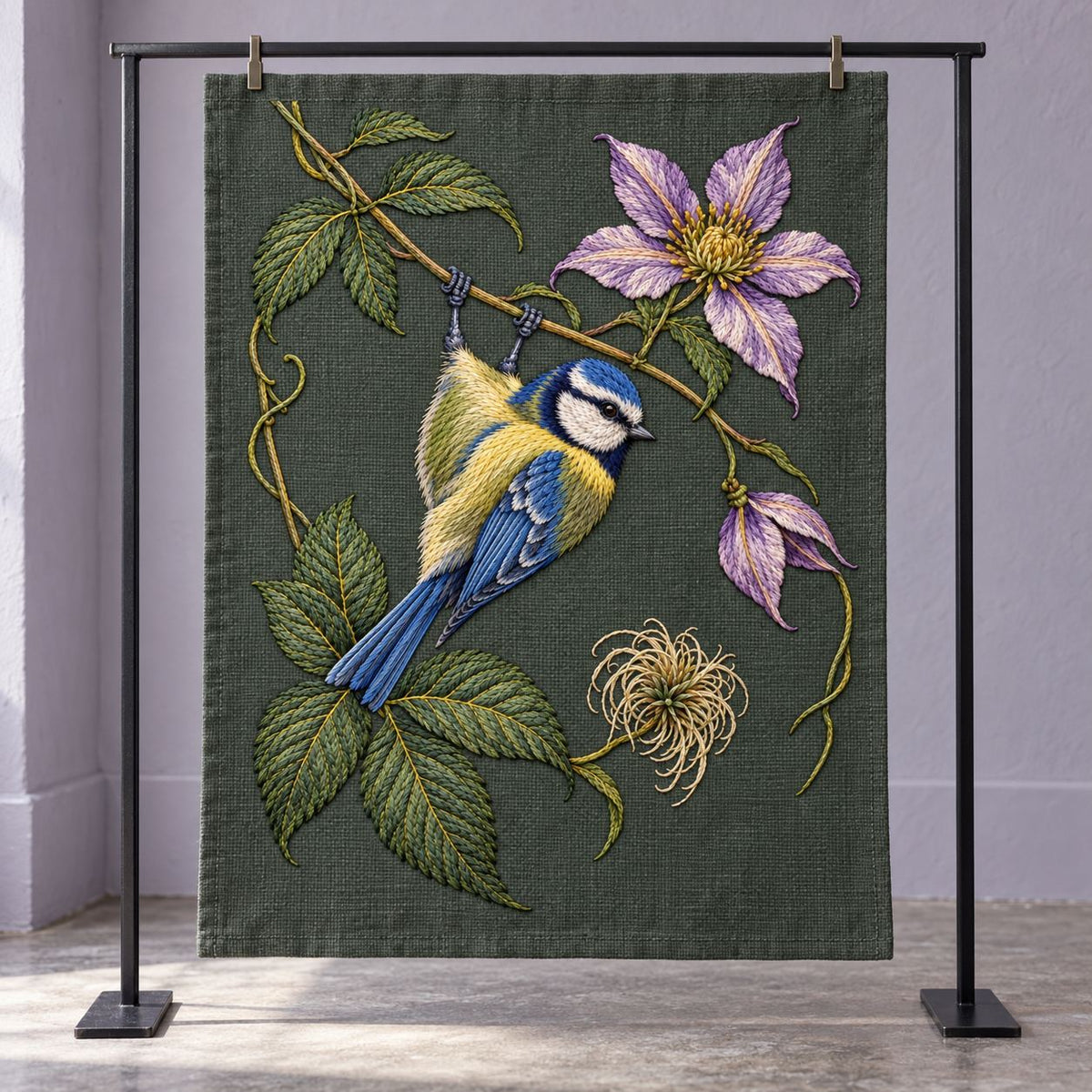 Blue Tit Beneath the Turning Clematis visual mockup shown as a textile panel in a collection tray, with the design on deep muted forest-green linen.