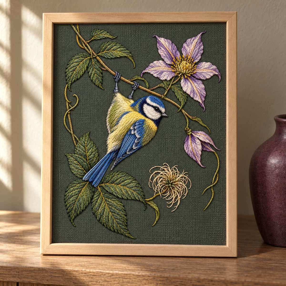 Blue Tit Beneath the Turning Clematis visual mockup shown on a cushion beside a window, with the design on deep muted forest-green linen.