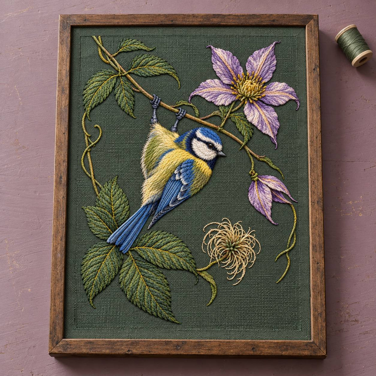Blue Tit Beneath the Turning Clematis visual mockup shown as a hanging textile held by wooden rails, with the design on deep muted forest-green linen.