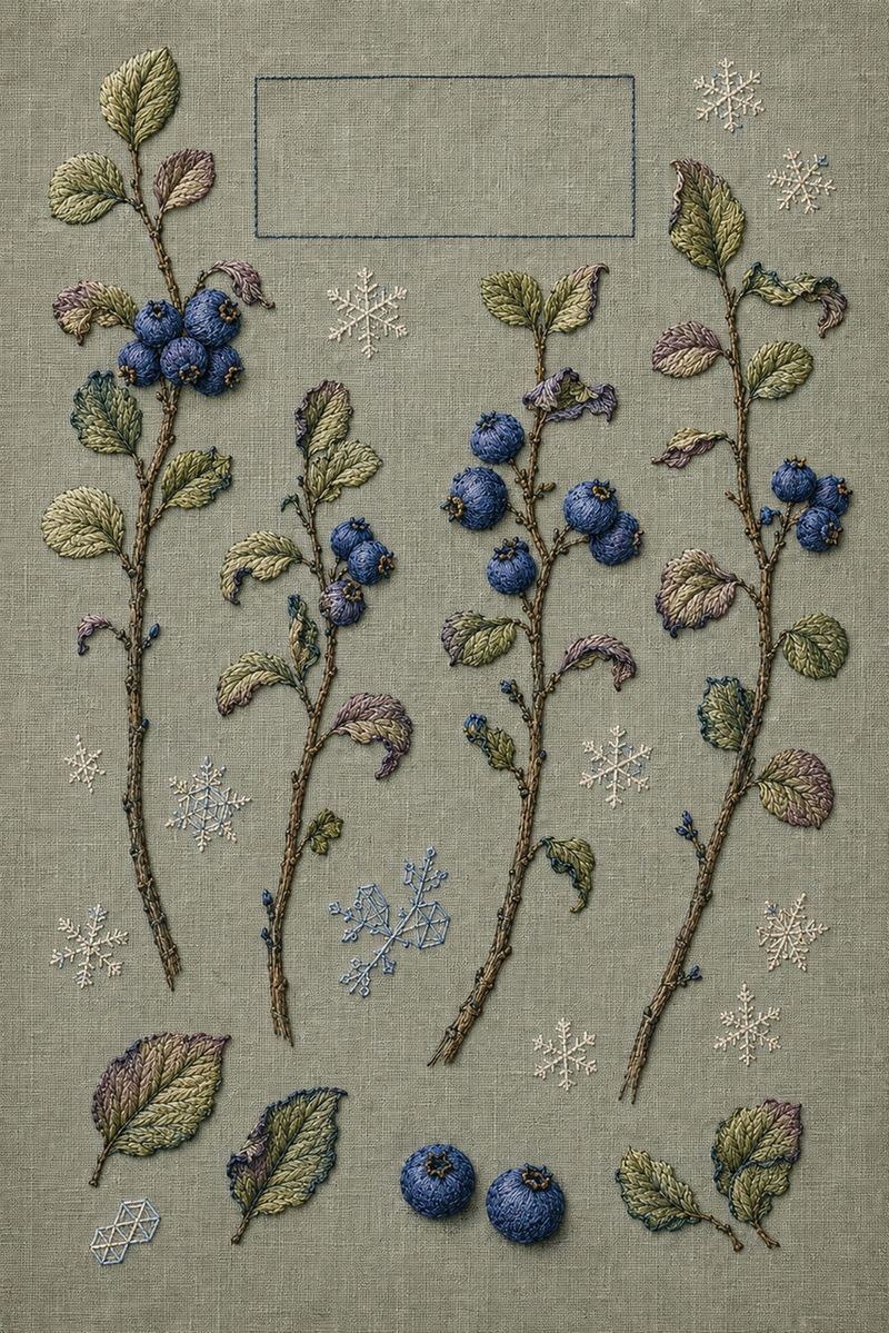 Illustrative embroidery design: Blueberry stems, loose leaves and fruit studies sit apart among frost marks.