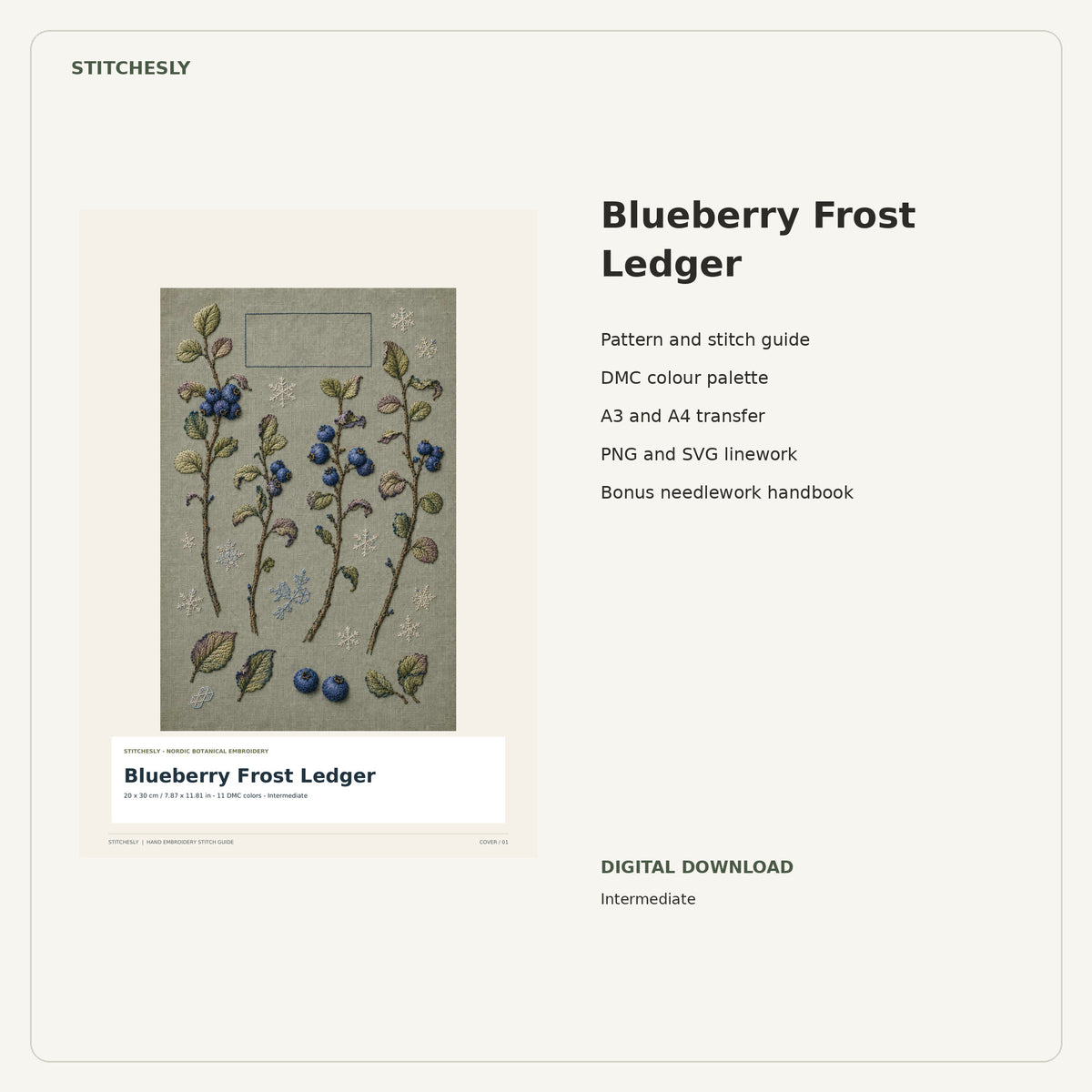 Blueberry Frost Ledger PDF stitch guide cover, pattern files and bonus needlework handbook.