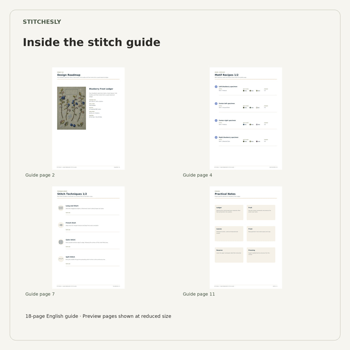 Four reduced-size preview pages from the 18-page Blueberry Frost Ledger stitch guide.