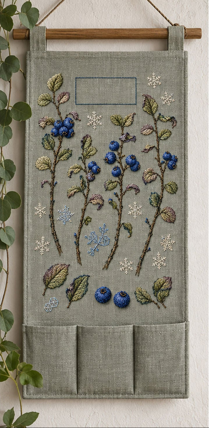 Hanging linen panel mockup featuring the Blueberry Frost Ledger hand embroidery design. Blueberry stems, loose leaves and fruit studies sit apart among frost marks.