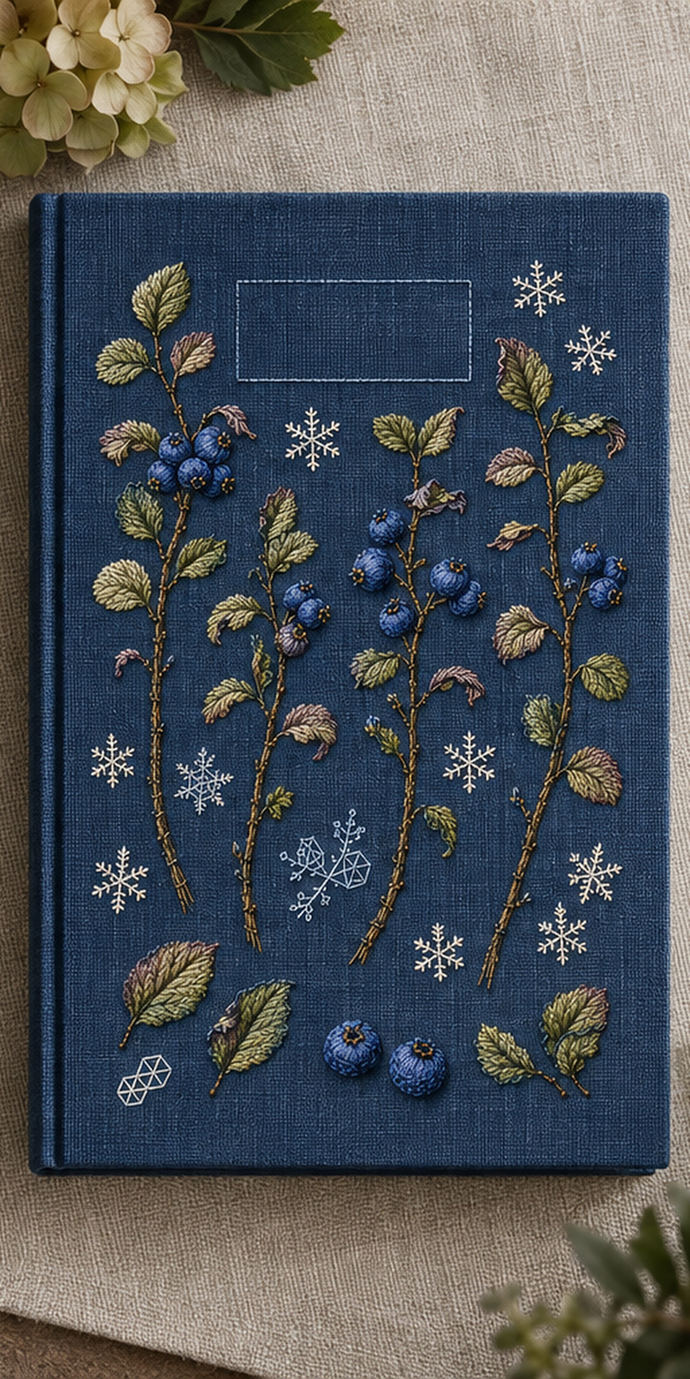Navy textile flat lay mockup featuring the Blueberry Frost Ledger hand embroidery design. Blueberry stems, loose leaves and fruit studies sit apart among frost marks.