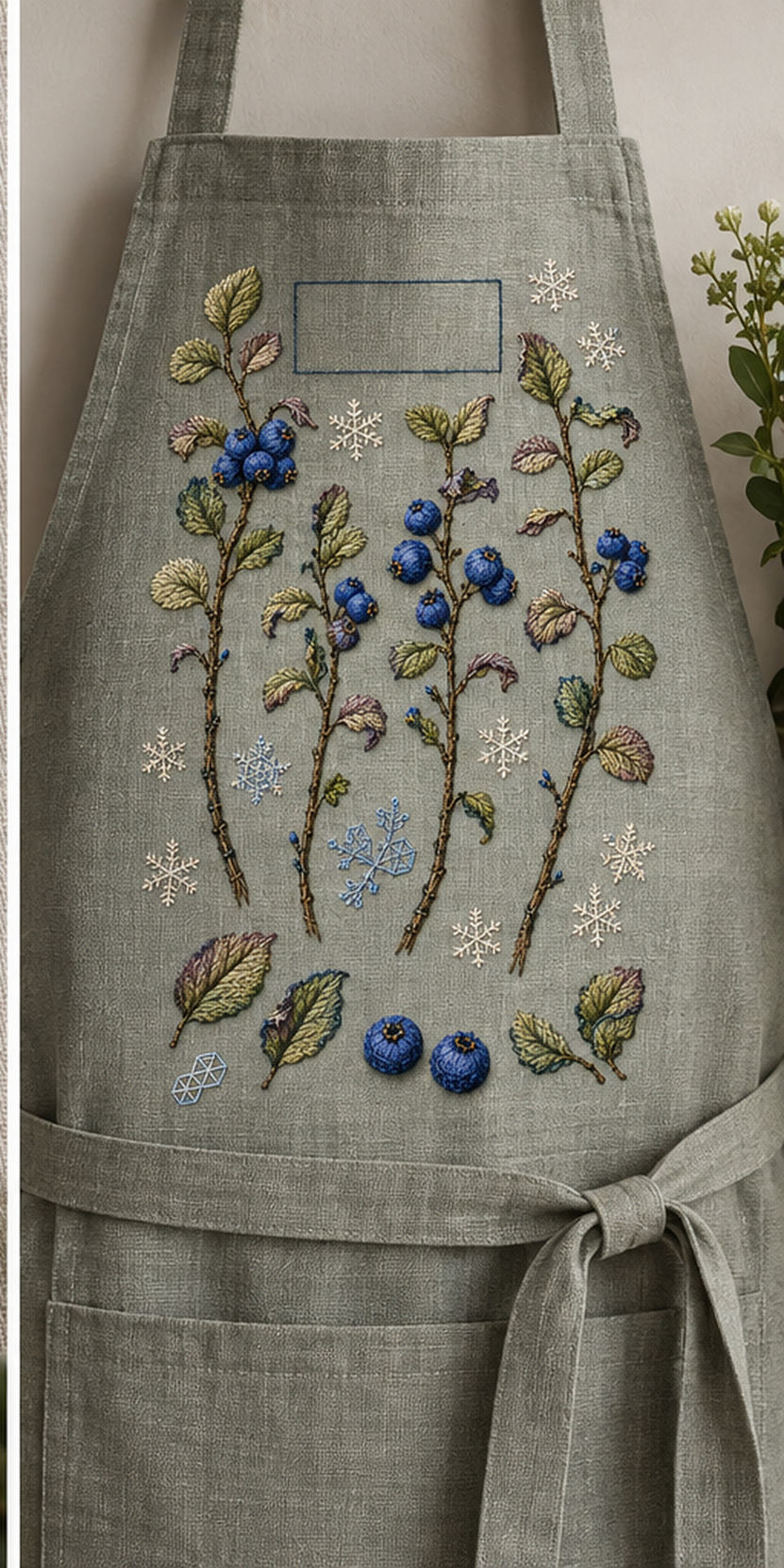 Linen apron mockup featuring the Blueberry Frost Ledger hand embroidery design. Blueberry stems, loose leaves and fruit studies sit apart among frost marks.