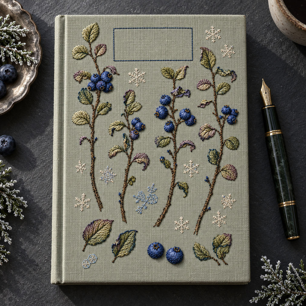 Linen tote bag mockup featuring the Blueberry Frost Ledger hand embroidery design. Blueberry stems, loose leaves and fruit studies sit apart among frost marks.