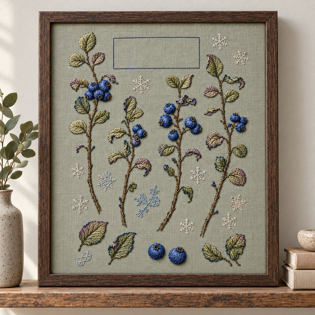 Framed botanical textile mockup featuring the Blueberry Frost Ledger hand embroidery design. Blueberry stems, loose leaves and fruit studies sit apart among frost marks.