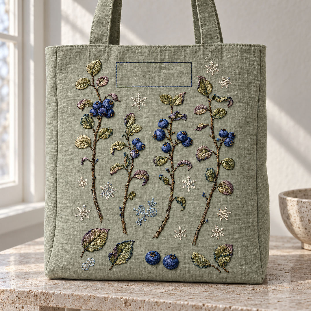 Linen apron mockup featuring the Blueberry Frost Ledger hand embroidery design. Blueberry stems, loose leaves and fruit studies sit apart among frost marks.