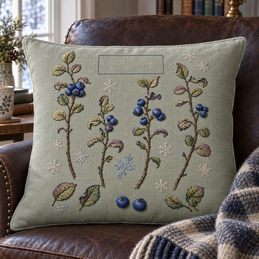 Linen cushion mockup featuring the Blueberry Frost Ledger hand embroidery design. Blueberry stems, loose leaves and fruit studies sit apart among frost marks.