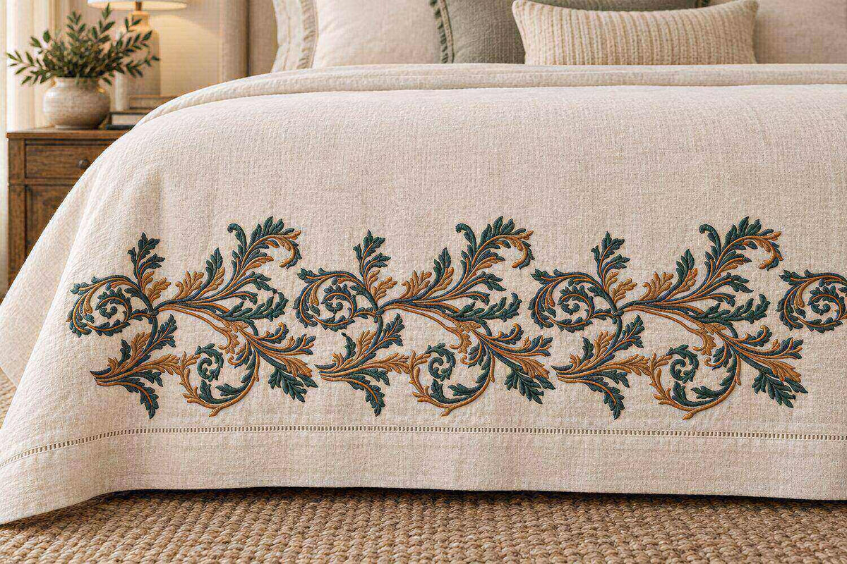 Horizontal two-color acanthus repeat machine embroidery across the lower border of a natural linen bedspread