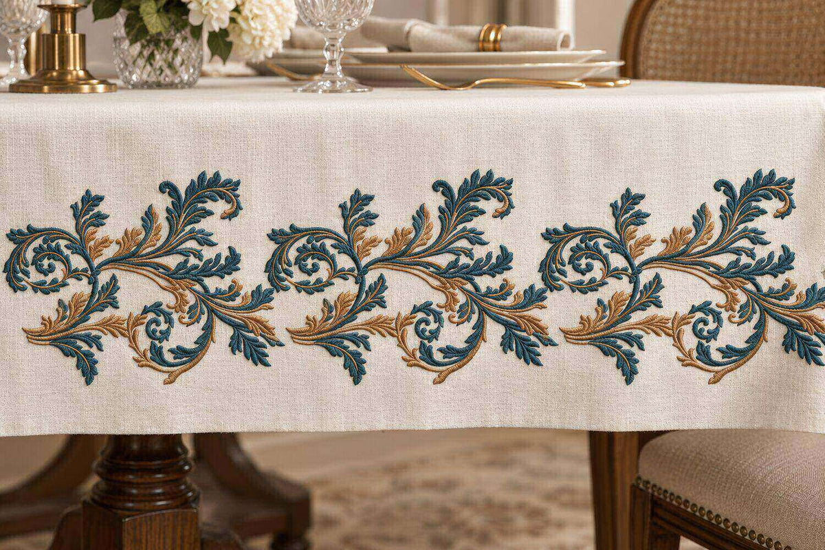Seamless acanthus machine embroidery repeated with consistent spacing along a hanging linen tablecloth edge