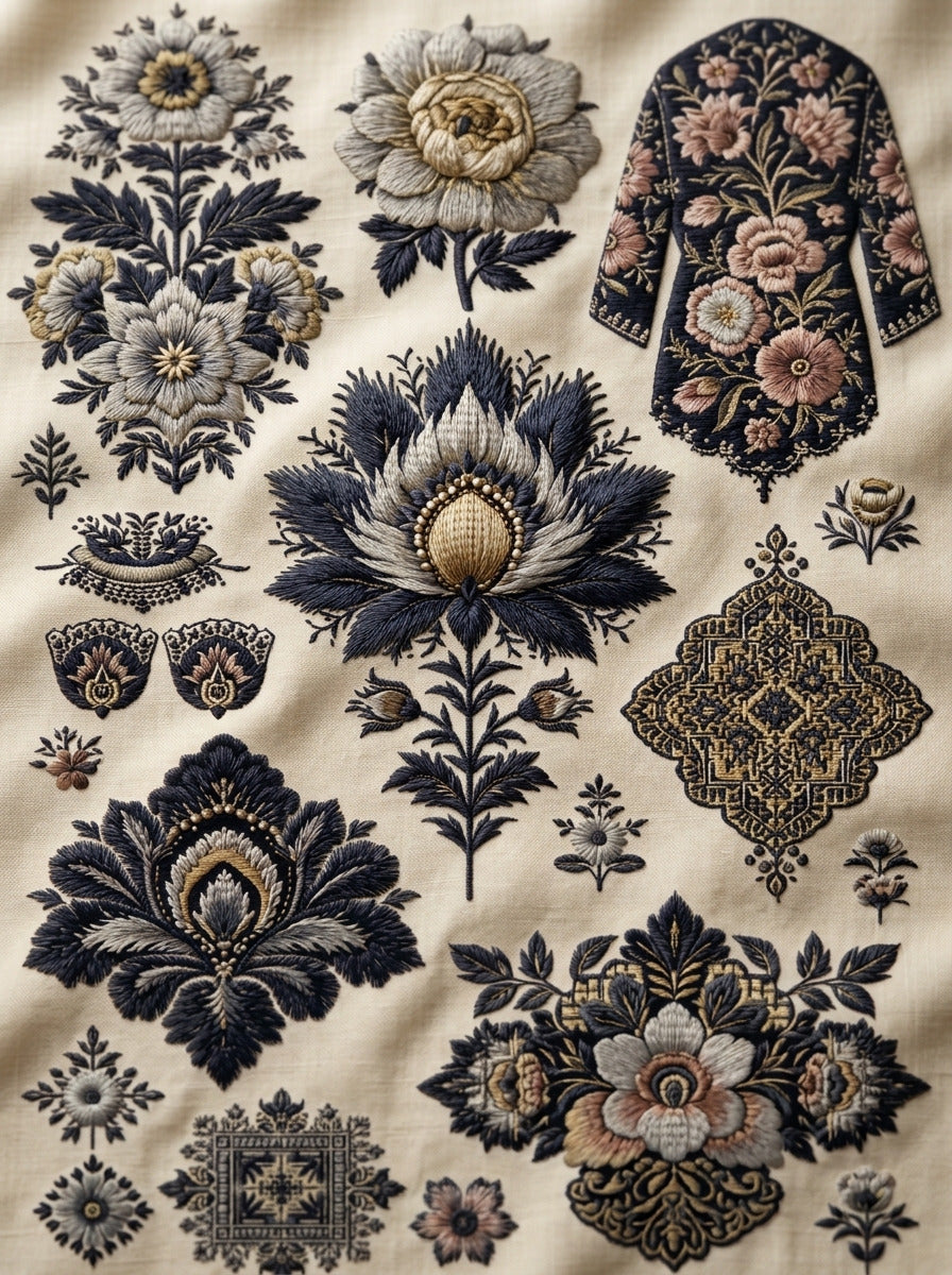 Boho Classic And Ornamental Fashion from Jacket Backs & Shirt Fronts Embroidery Book 4, a digital embroidery design reference for machine embroidery designs, embroidery patterns and garment placement ideas.
