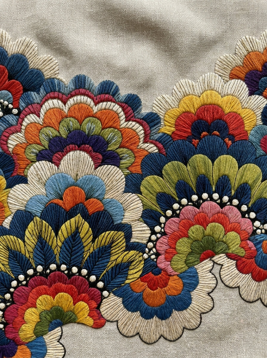 Bold Colorwork Scalloped Border Modern from Modern Colorwork Embroidery Book 3, a digital embroidery design reference for machine embroidery designs, embroidery patterns and border and edge embroidery.