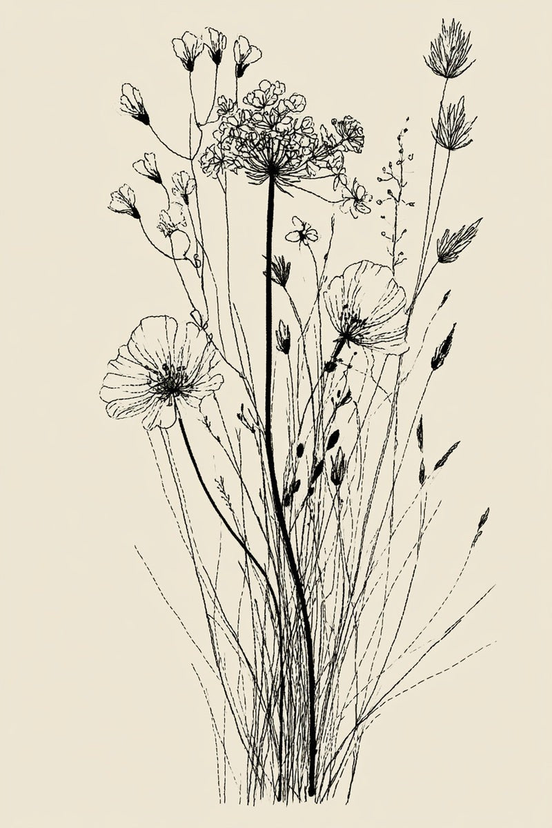 Original book drawing of airy meadow floral grasses.