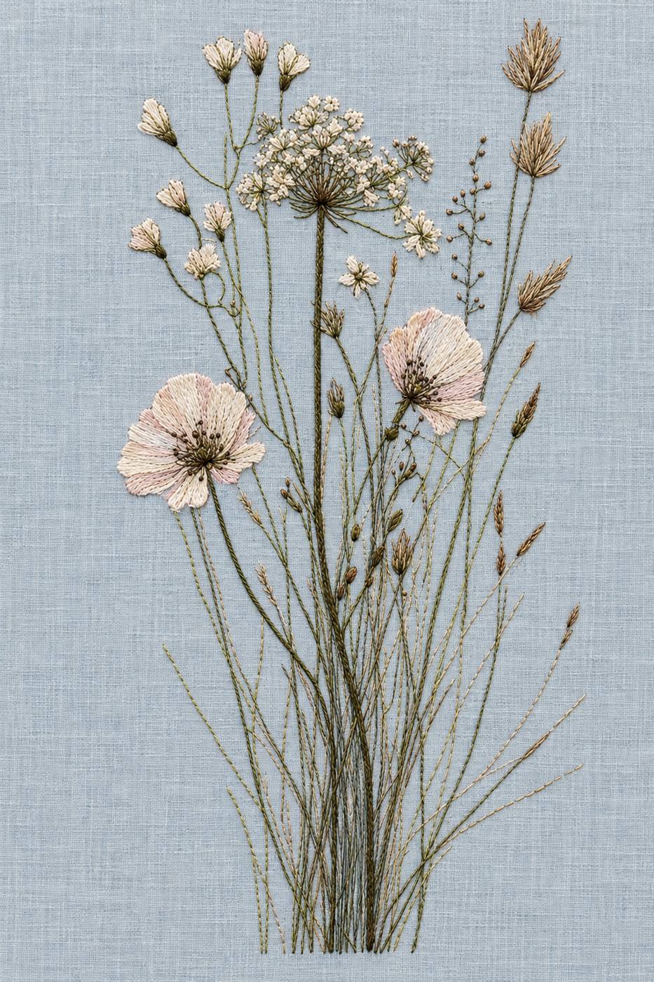 Digital embroidery visualization: ivory umbel, blush flowers and fine tawny meadow grasses on pale blue linen.