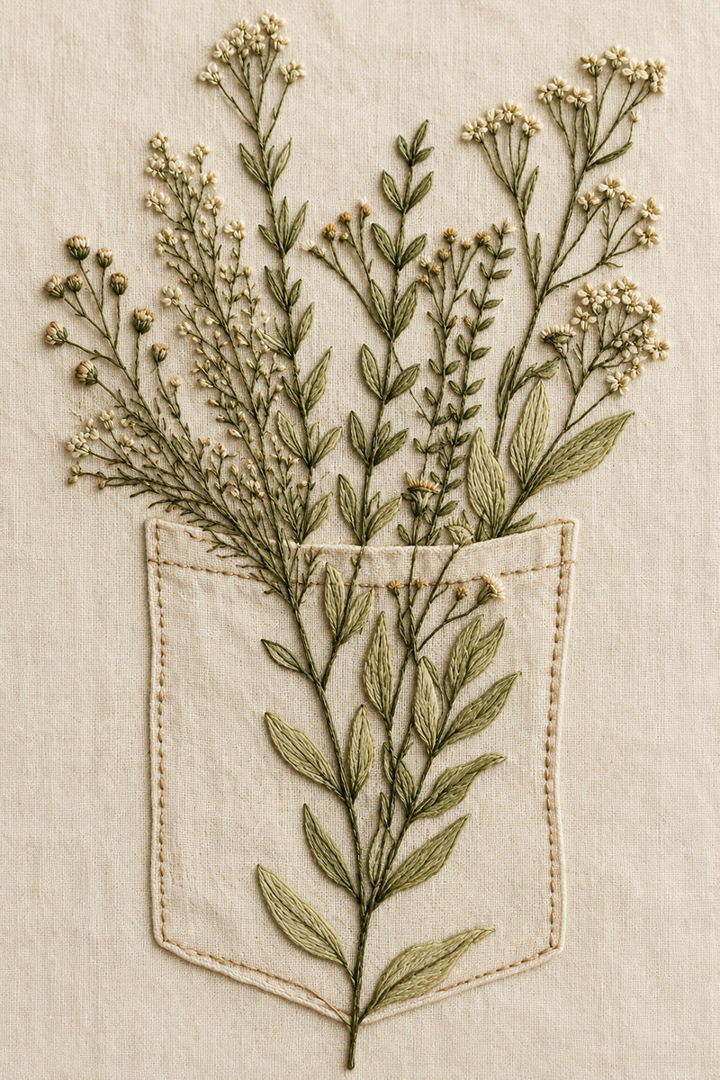 Botanical Apron Pocket Design from Napkins, Table Runners & Kitchen Linens Book 4, a digital embroidery design reference for machine embroidery designs, embroidery patterns and border and edge embroidery.