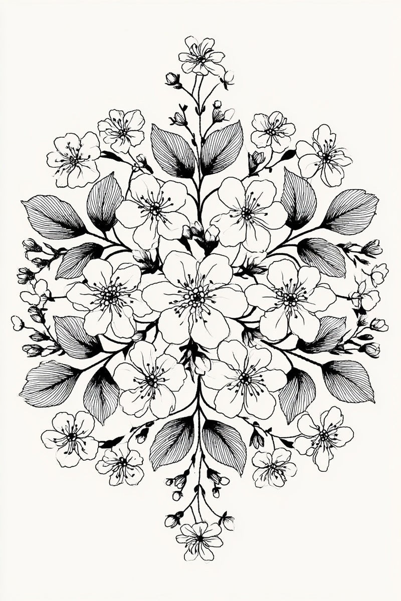 Original book drawing of balanced floral medallion.