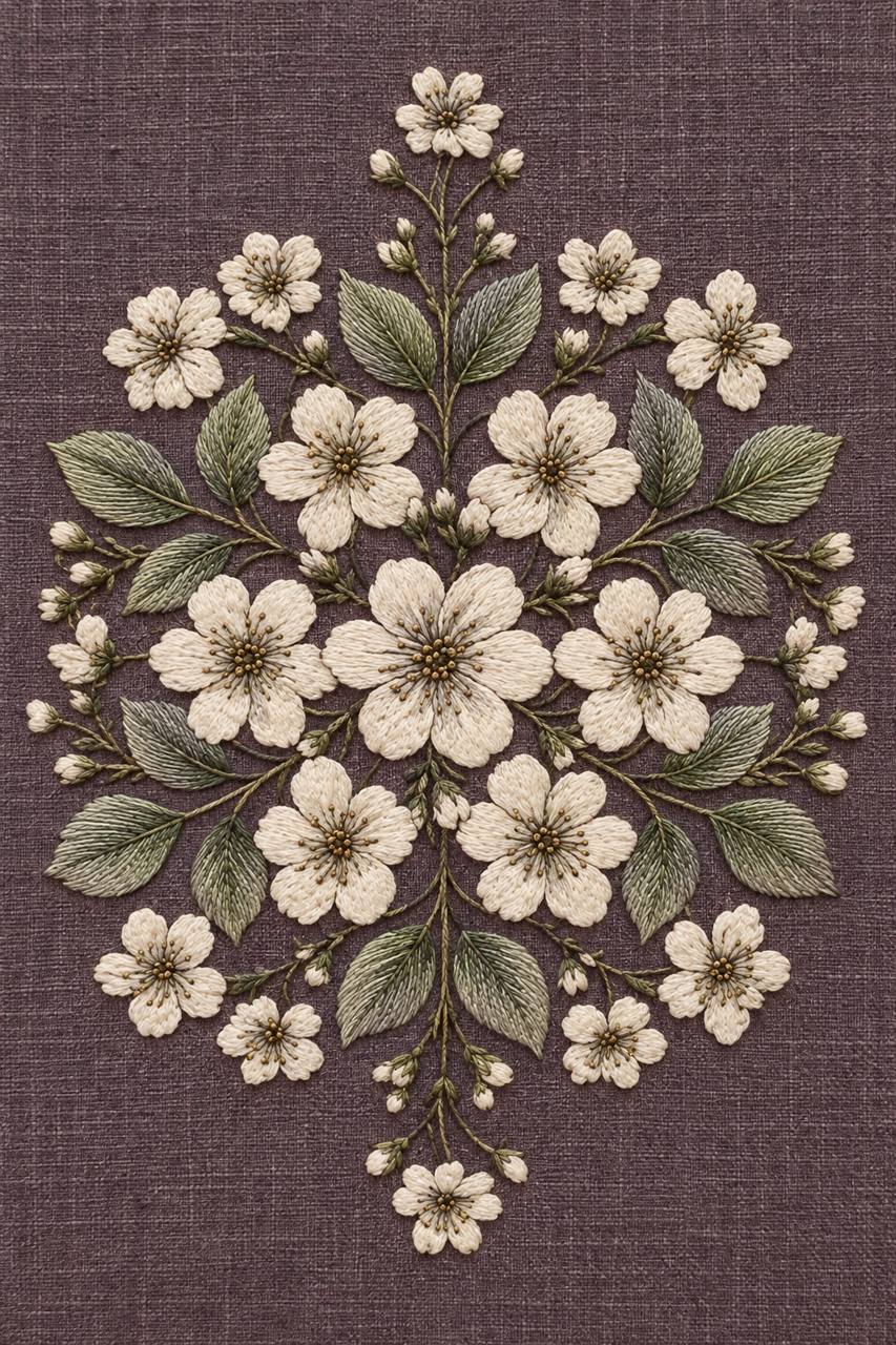 Digital embroidery visualization: ivory flower medallion with sage leaves on smoky plum linen.