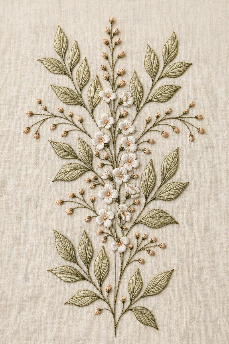 Botanical Blouse Placket Design from Neckline & Collar Embroidery Designs Book 4, a digital embroidery design reference for machine embroidery designs, embroidery patterns and garment placement ideas.