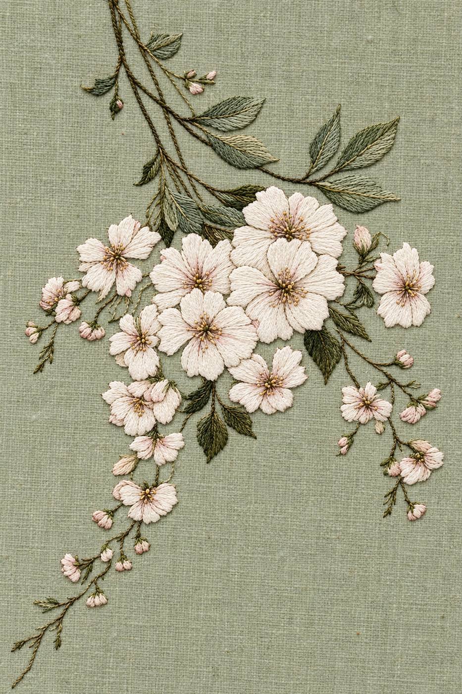 Digital embroidery visualization: hanging ivory and blush blossoms with grey-green foliage on sage linen.