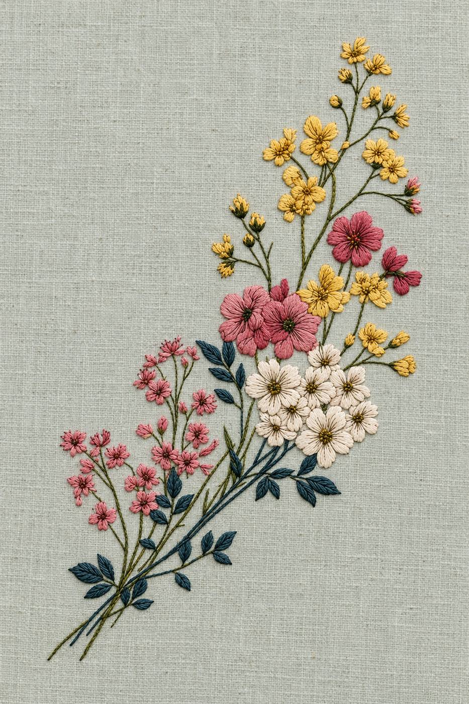 Digital embroidery visualization: ochre, dusty rose and ivory flowering branches on pale celadon linen.
