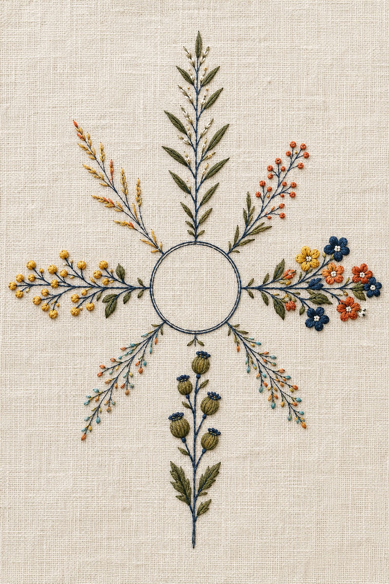Illustrative embroidery design: Eight unequal botanical arms surround an unfilled circle in Botanical Compass Lines.