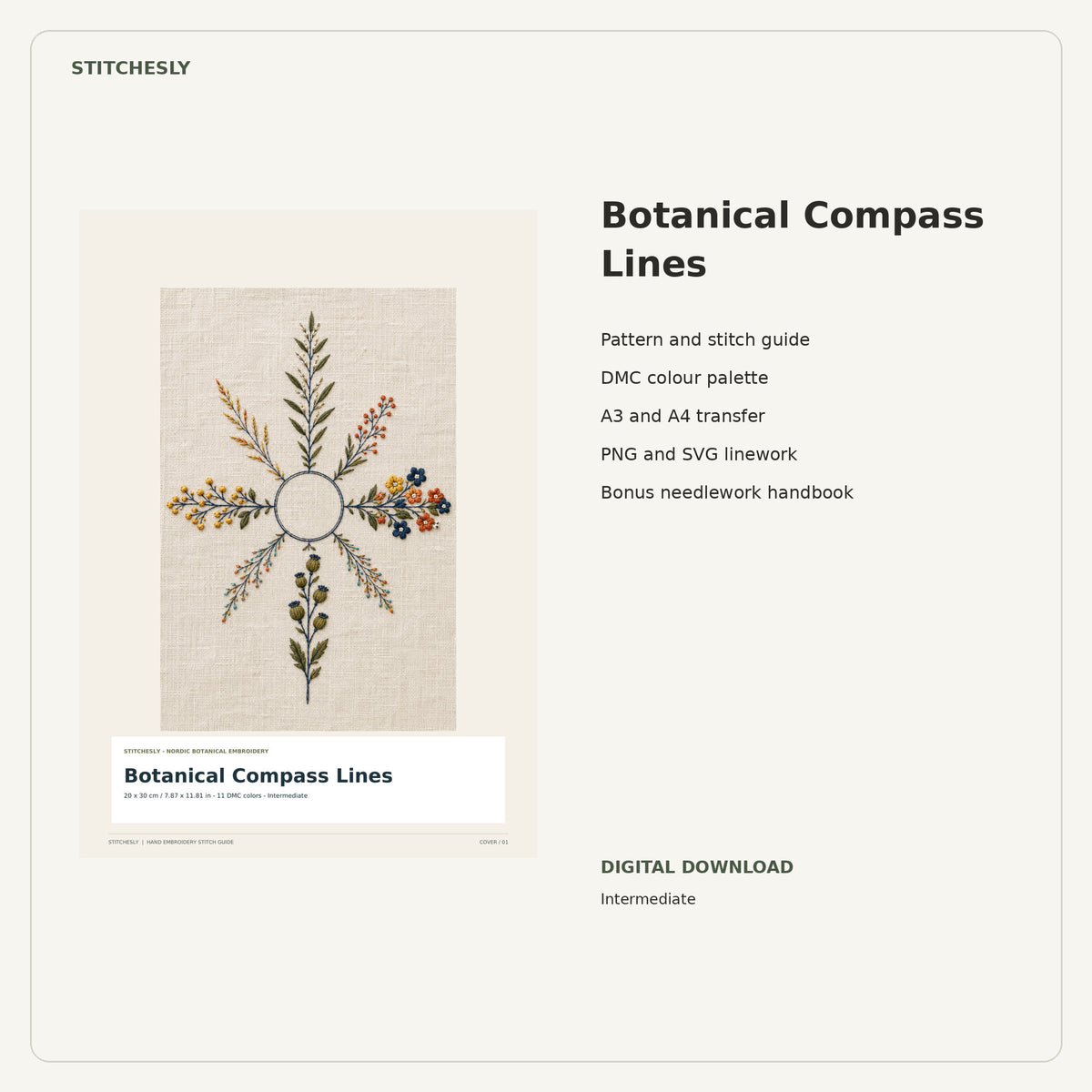 Botanical Compass Lines PDF stitch guide cover, pattern files and bonus needlework handbook.