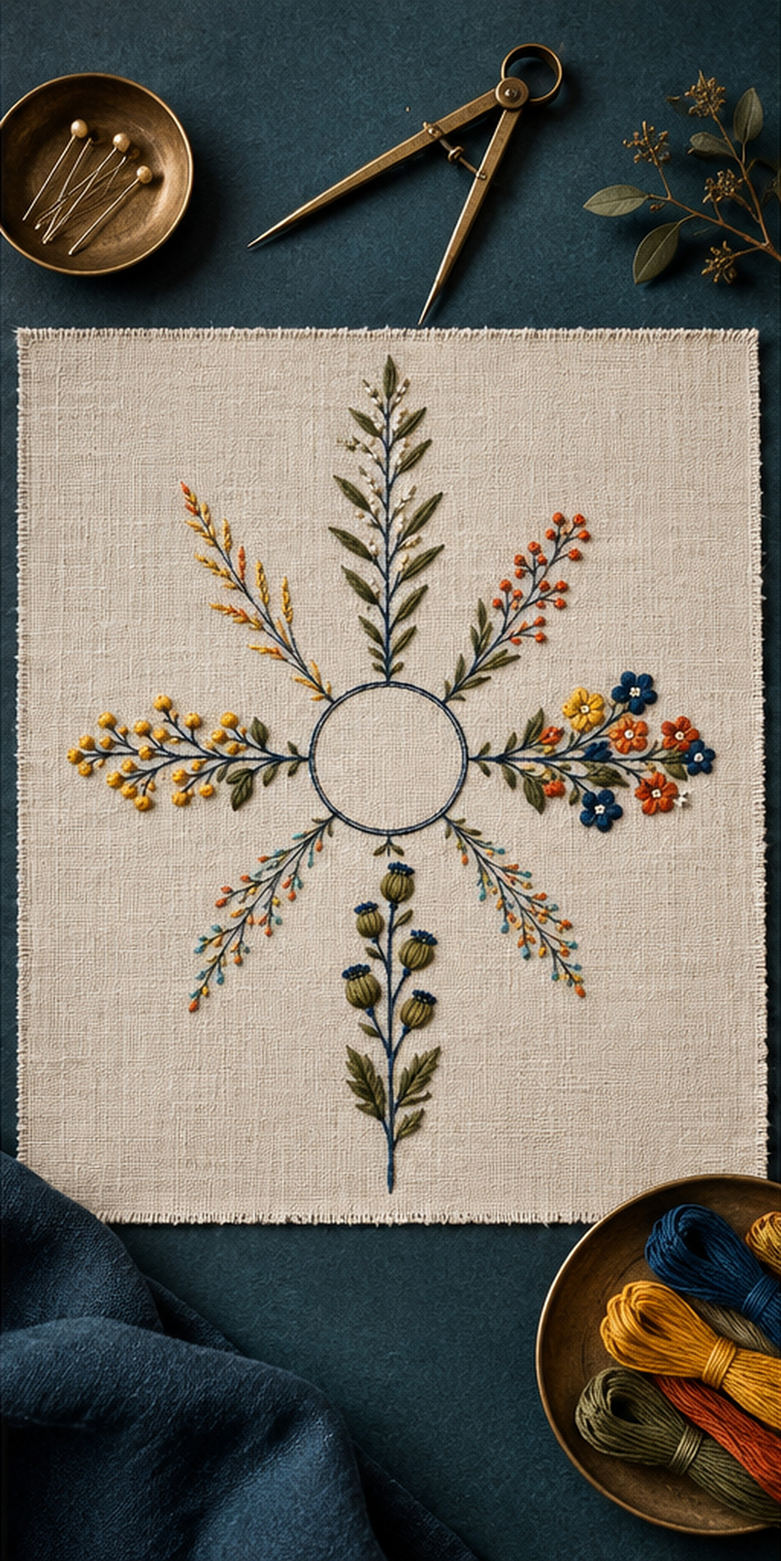 Botanical textile flat lay mockup featuring the Botanical Compass Lines hand embroidery design. Eight unequal botanical arms surround an unfilled circle in Botanical Compass Lines.