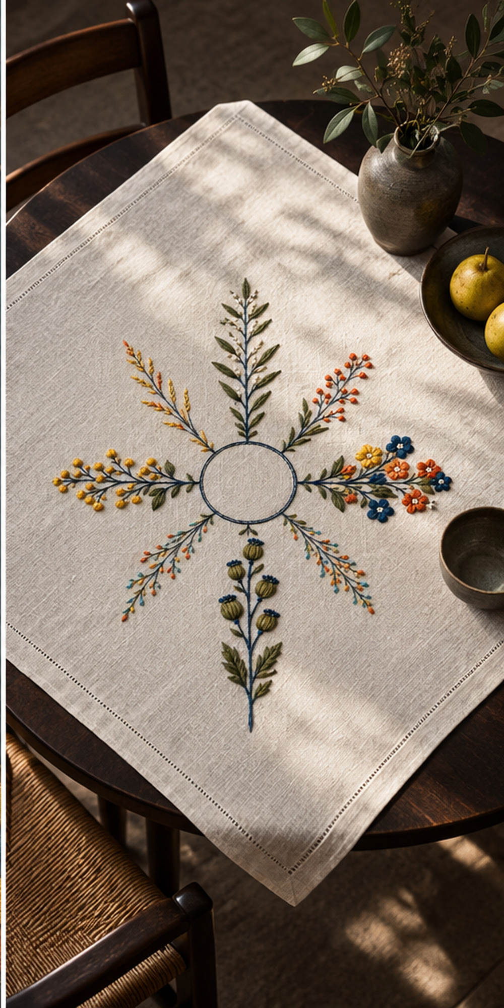 Linen notebook cover mockup featuring the Botanical Compass Lines hand embroidery design. Eight unequal botanical arms surround an unfilled circle in Botanical Compass Lines.