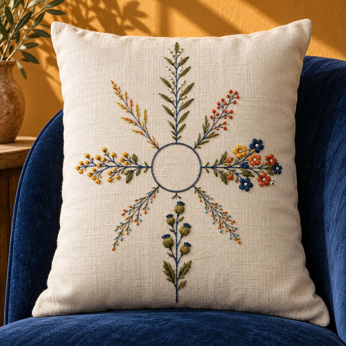 Linen cushion mockup featuring the Botanical Compass Lines hand embroidery design. Eight unequal botanical arms surround an unfilled circle in Botanical Compass Lines.