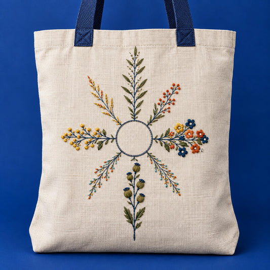 Linen tote bag mockup featuring the Botanical Compass Lines hand embroidery design. Eight unequal botanical arms surround an unfilled circle in Botanical Compass Lines.