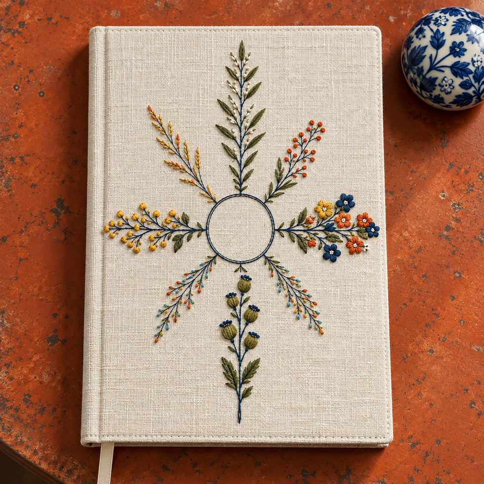Linen laid flat mockup featuring the Botanical Compass Lines hand embroidery design. Eight unequal botanical arms surround an unfilled circle in Botanical Compass Lines.