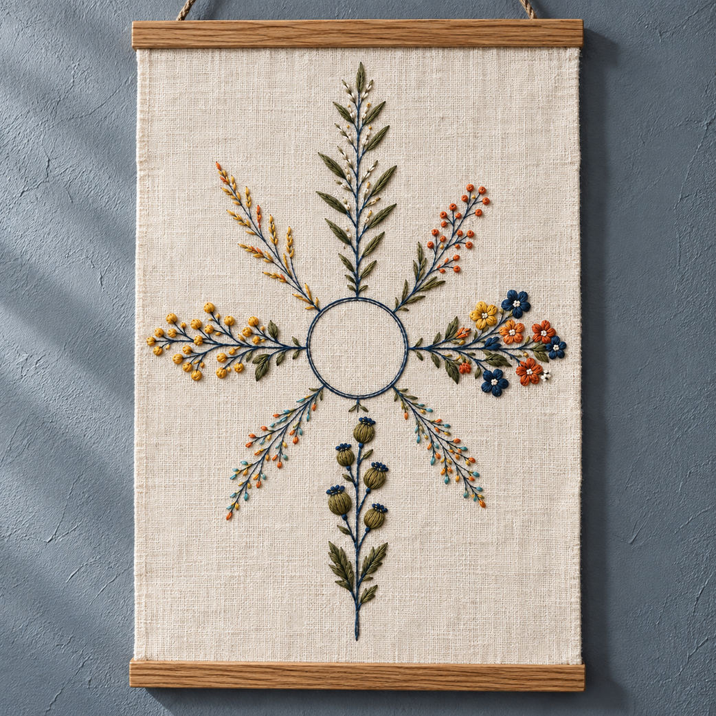 Framed botanical textile mockup featuring the Botanical Compass Lines hand embroidery design. Eight unequal botanical arms surround an unfilled circle in Botanical Compass Lines.