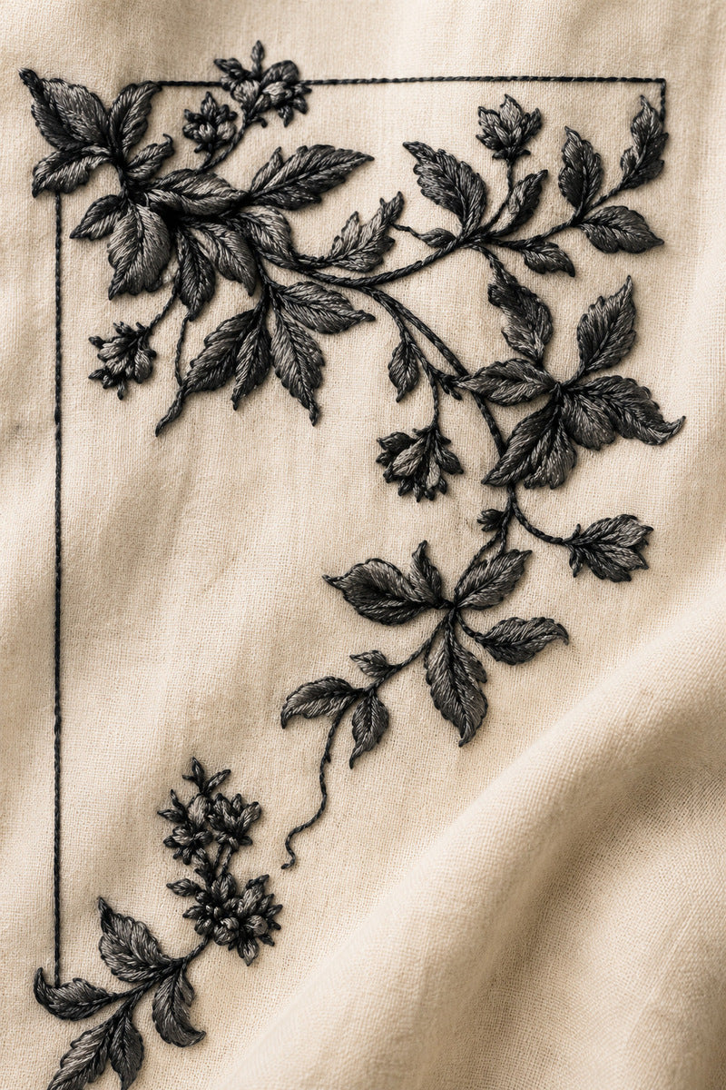 Botanical Corners 1 from Botanical Embroidery Designs Book 1, a digital embroidery design reference for machine embroidery designs, embroidery patterns and corner embroidery.
